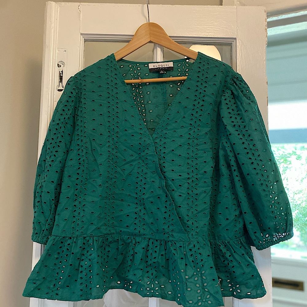 Peplum eyelet top, emerald green